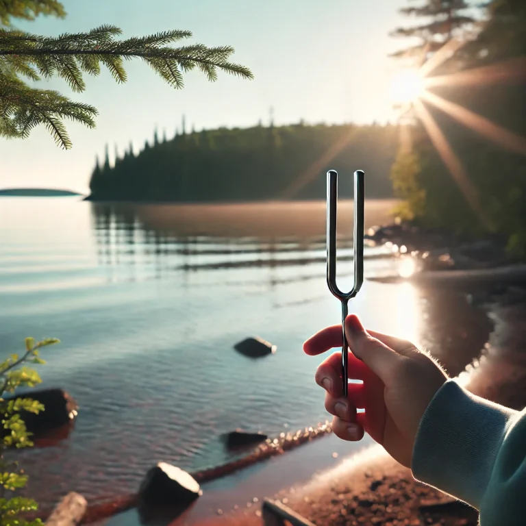 Single tuning fork used for vibration therapy, resonating with the fundamental healing tone.