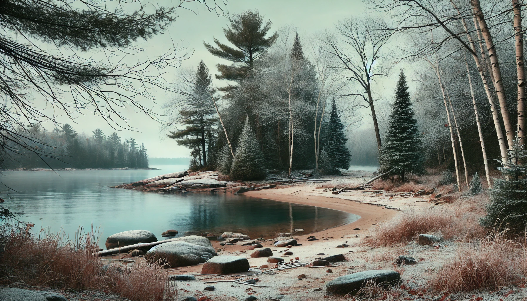 Snow-covered Manitoulin shoreline with calm winter water, symbolizing gentle wellness and the harmony of touch and sound.