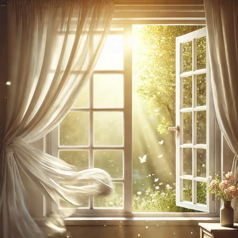 Sunlit open window with drapes moving gently in the breeze, symbolizing renewal, lightness, and natural wellness on Manitoulin.