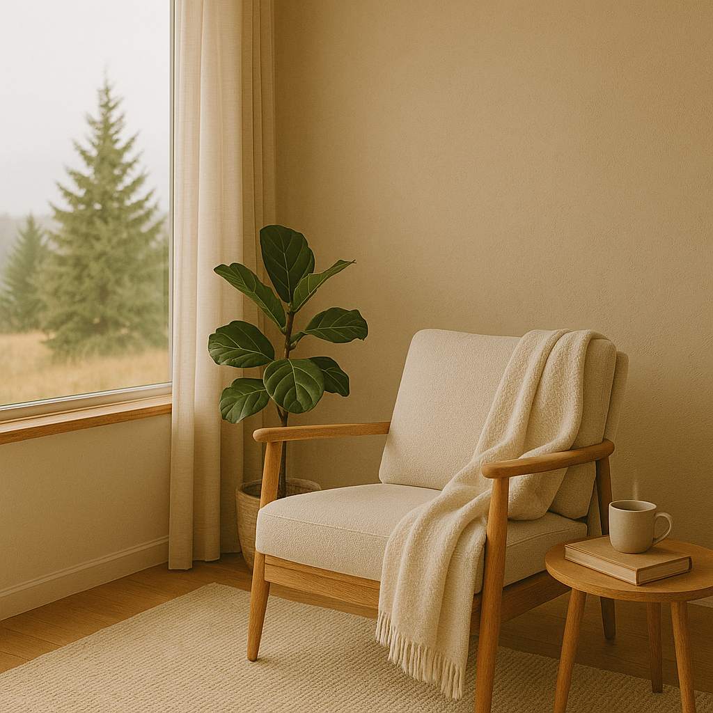 Cozy wellness nook with armchair, throw, side table and plant, reflecting calm, simplicity and home balance on Manitoulin.