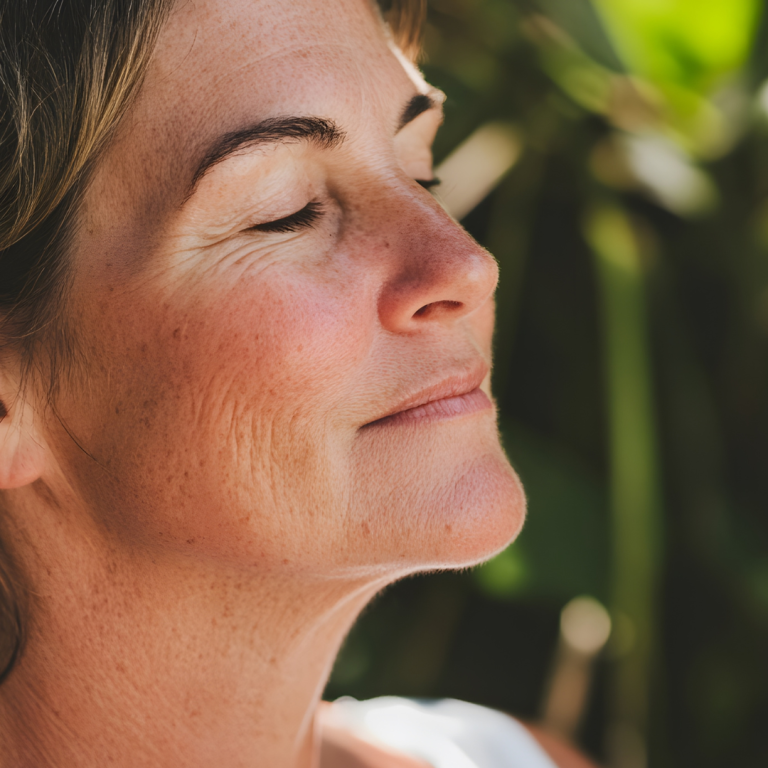 Serene woman with eyes closed in soft light, reflecting emotional balance and gentle wellness on Manitoulin.